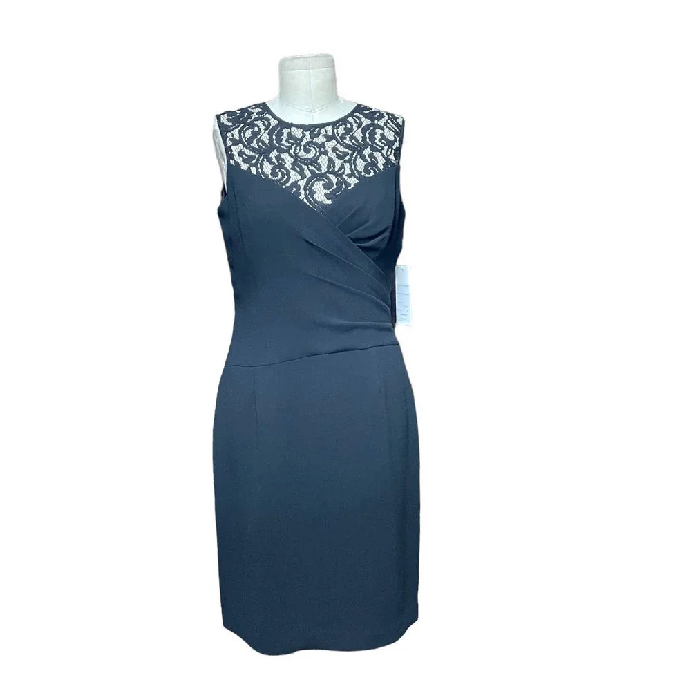 Rickie Freeman for Teri Jon Black Ruched Lace Neck Sheath Dress Size US 6